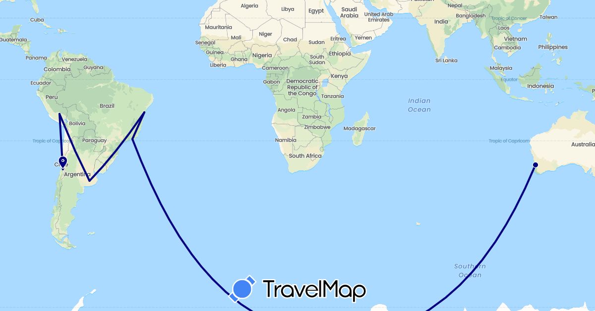 TravelMap itinerary: driving in Argentina, Australia, Brazil, Chile, Peru (Oceania, South America)